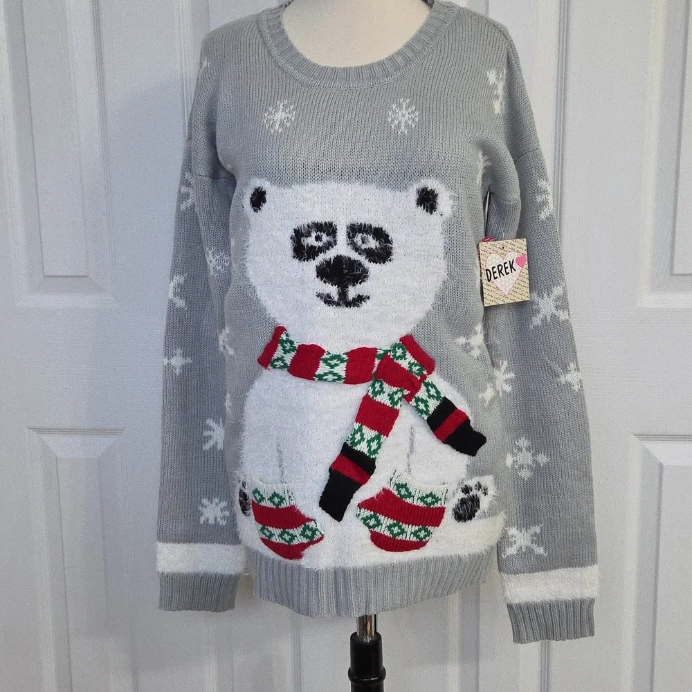 WITH LOVE DEREK CHRISTMAS SWEATER FUZZY POLAR BEAR SCARF & MITTENS